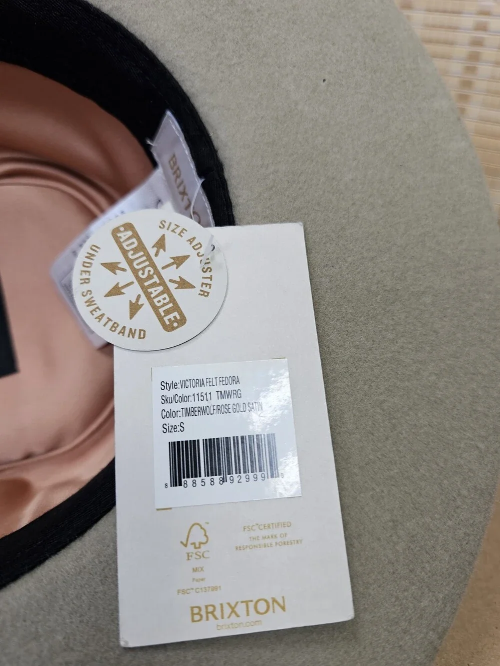 Brixton Victoria Felt Fedora Wool Timberwolf Rose Gold Satin Size S NWT